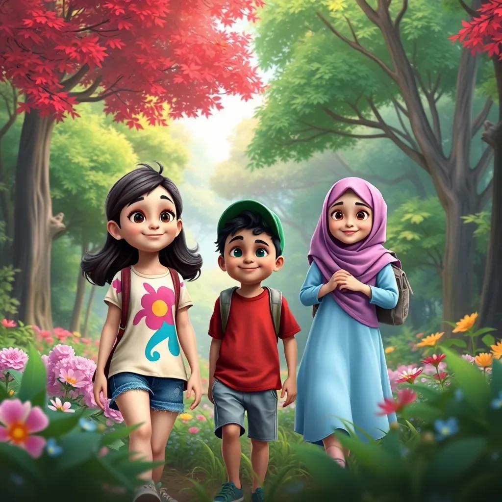 A group of three friends, Mia, a young girl with brown hair wearing a colorful t-shirt and denim shorts, Jacob, a boy with curly black hair in a green cap and a red shirt, and Aisha, a girl with a hijab, wearing a light blue dress, exploring a vibrant forest with lush trees and colorful flowers, digital art, cheerful, bright colors, lively atmosphere, high quality