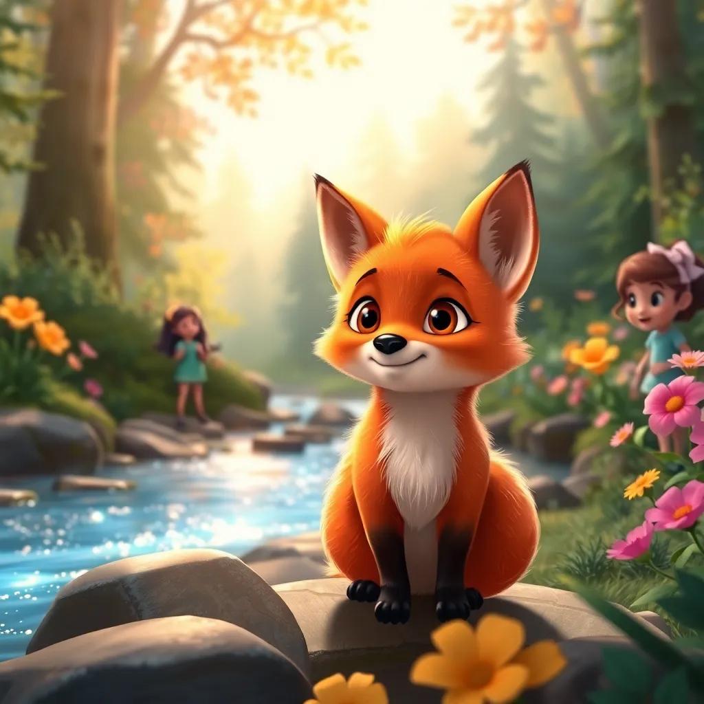 A charming little fox with shiny fur and bright eyes, standing next to the sparkling stream, with Mia, Jacob, and Aisha looking at it in surprise and delight, surrounded by the lush forest and colorful flowers, illustration, warm light, inviting colors, engaging perspective, child-friendly