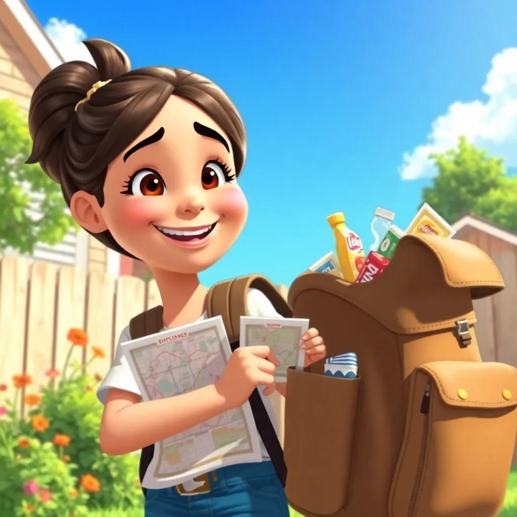 A sunny day with a blue sky, Alia in her backyard, packing a backpack with snacks and a map, smiling joyfully, detailed illustration, bright and lively, high quality