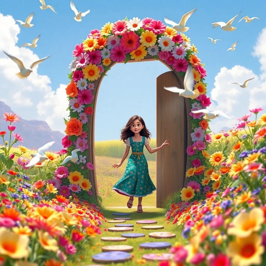 A magical door covered in flowers in the vibrant land, with Alia in awe, stepping through as birds fly around her, colorful scenery, whimsical design, enchanting vibe, high quality
