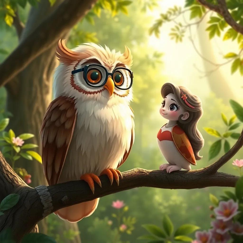 A wise old owl, Oliver, with fluffy feathers and glasses, perched on a branch, talking to Alia in the enchanted forest, lush greens, whimsical and magical feel, digital art