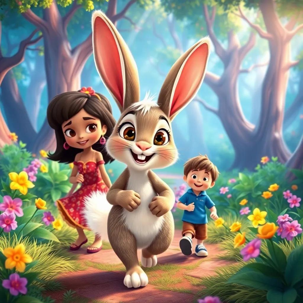 A friendly rabbit, Ruby, with big ears and a fluffy tail, leading Alia and Oliver through a vibrant enchanted forest, bright colors and cheerful atmosphere, detailed illustration