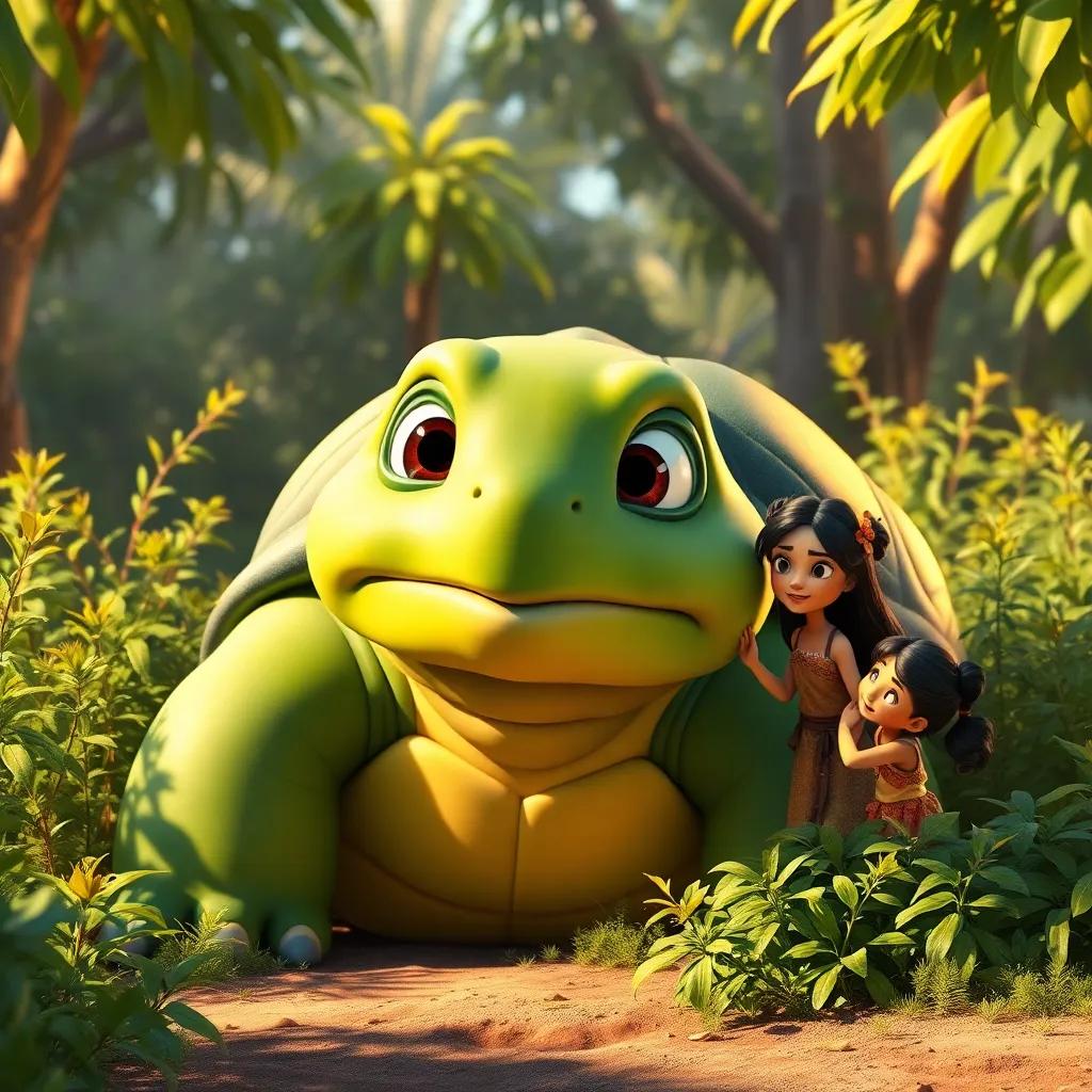A giant turtle, Timmy, with a surprised expression, stuck in a bush, Alia and her friends helping him out, warm sunlight, friendly vibes, cartoon-style, detailed