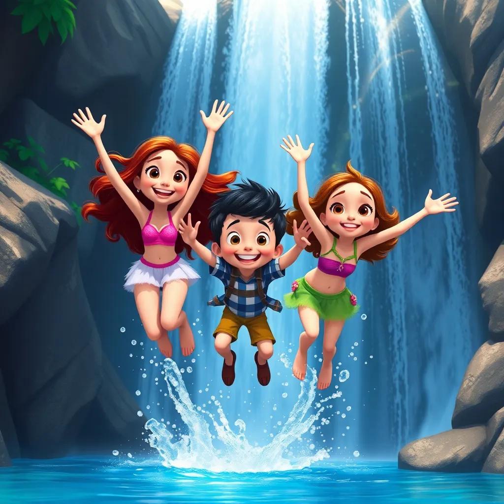Alia, Oliver, and Ruby jumping with joy in the cool water, smiles on their faces, the waterfall cascading behind them, bright colors, vibrant and lively illustration