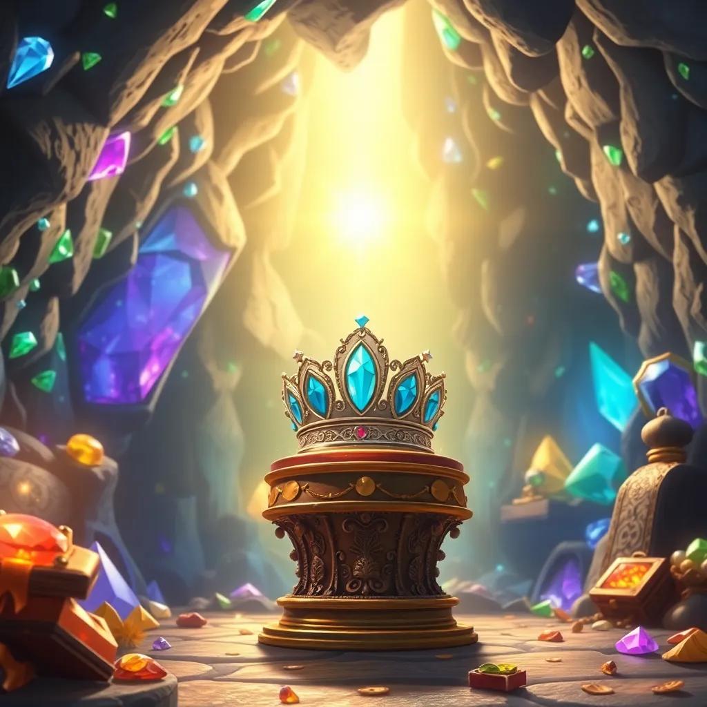 A sparkling cave filled with jewels and treasures, with Alia discovering the crown on a pedestal, light reflecting off the gems, magical allure, high quality