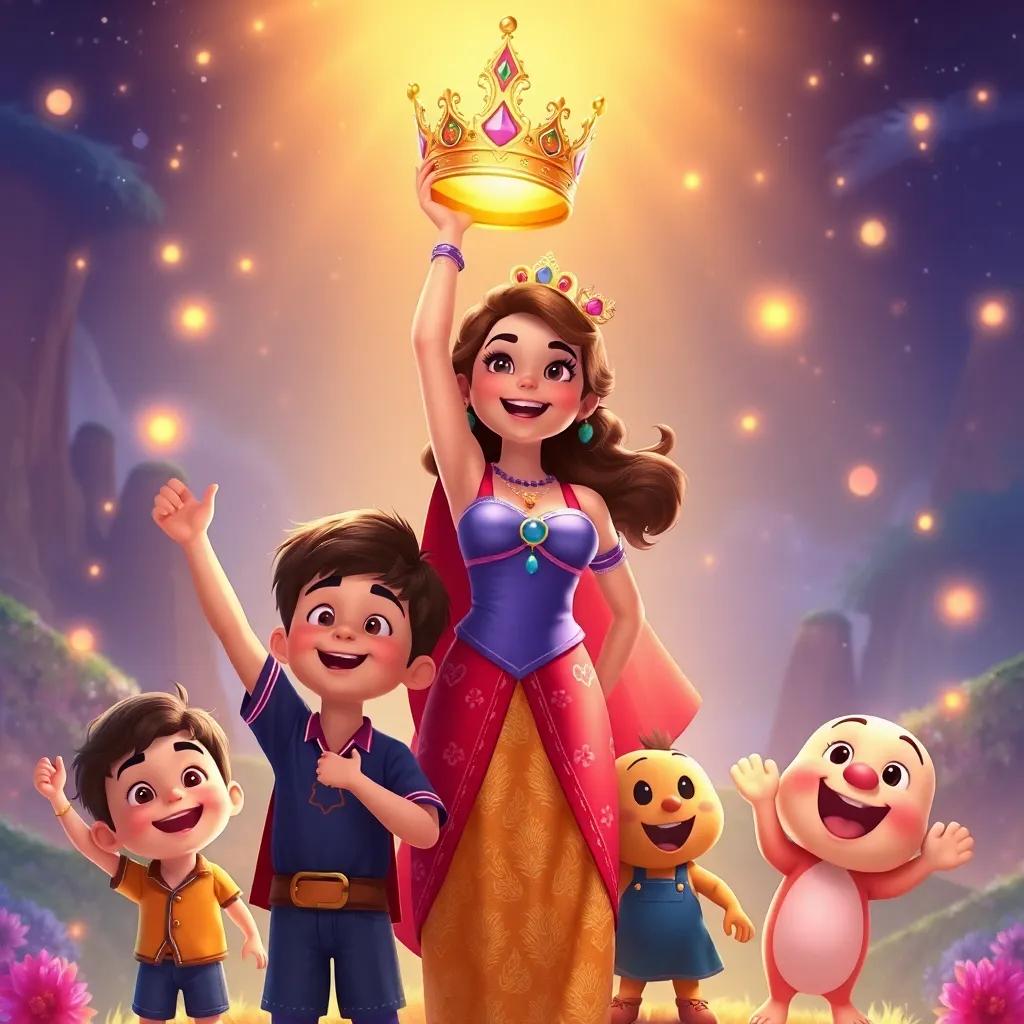 Alia holding the crown high, surrounded by Oliver, Ruby, and Timmy, all cheering, the land glowing brighter, cheerful and exciting atmosphere, celebratory scene, vibrant colors