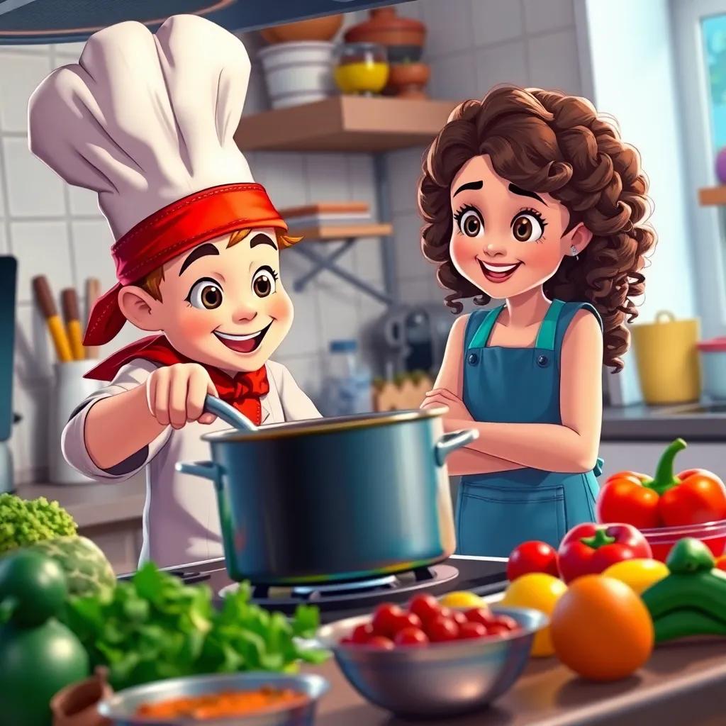 Chef Max, a young boy with a red bandana, stirring a large pot on a stove, surrounded by colorful vegetables, spices, and Bella, a girl with curly brown hair and a turquoise apron watching in excitement, lively kitchen scene, bright lighting, engaging perspective, delightful setting