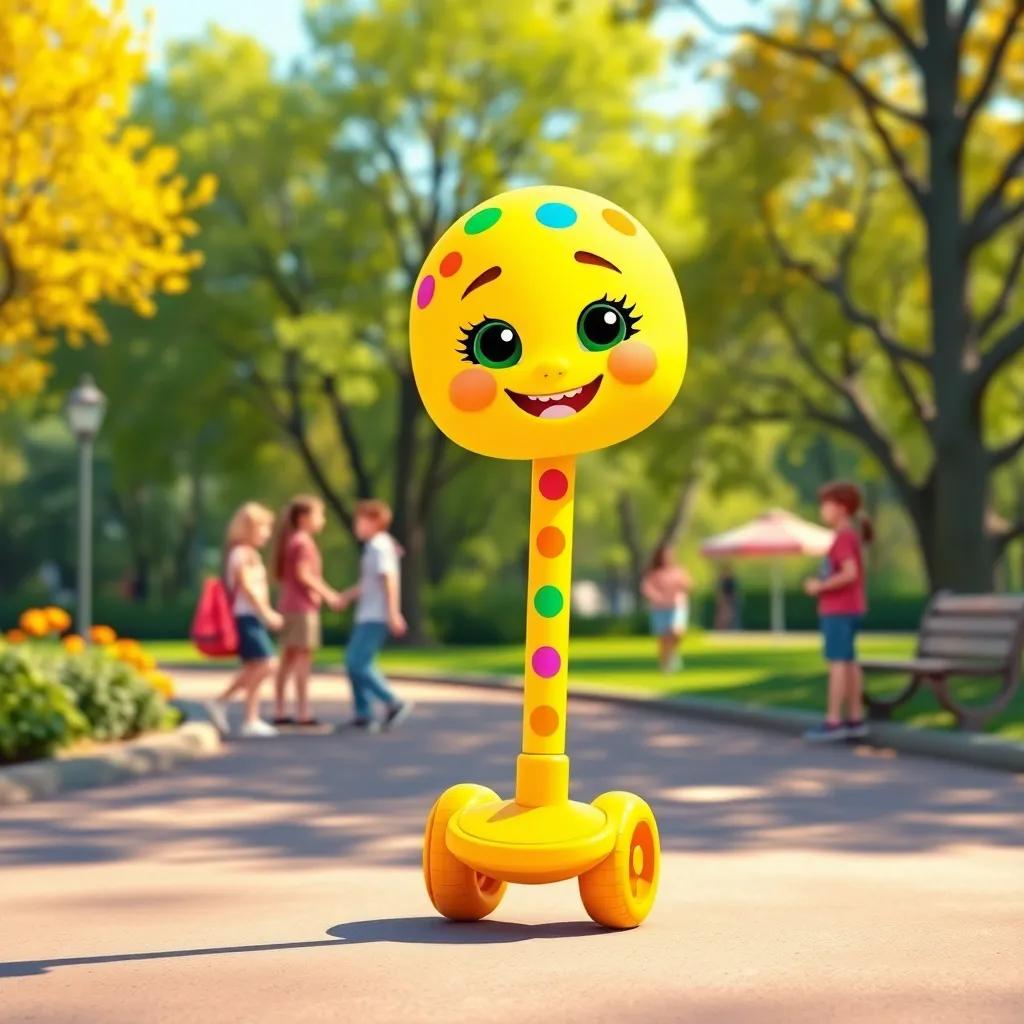 A bright yellow pogo stick named Penny with colorful polka dots and a big smile, standing in a sunny park with friends, digital art, cheerful, vibrant colors, inviting atmosphere, high quality