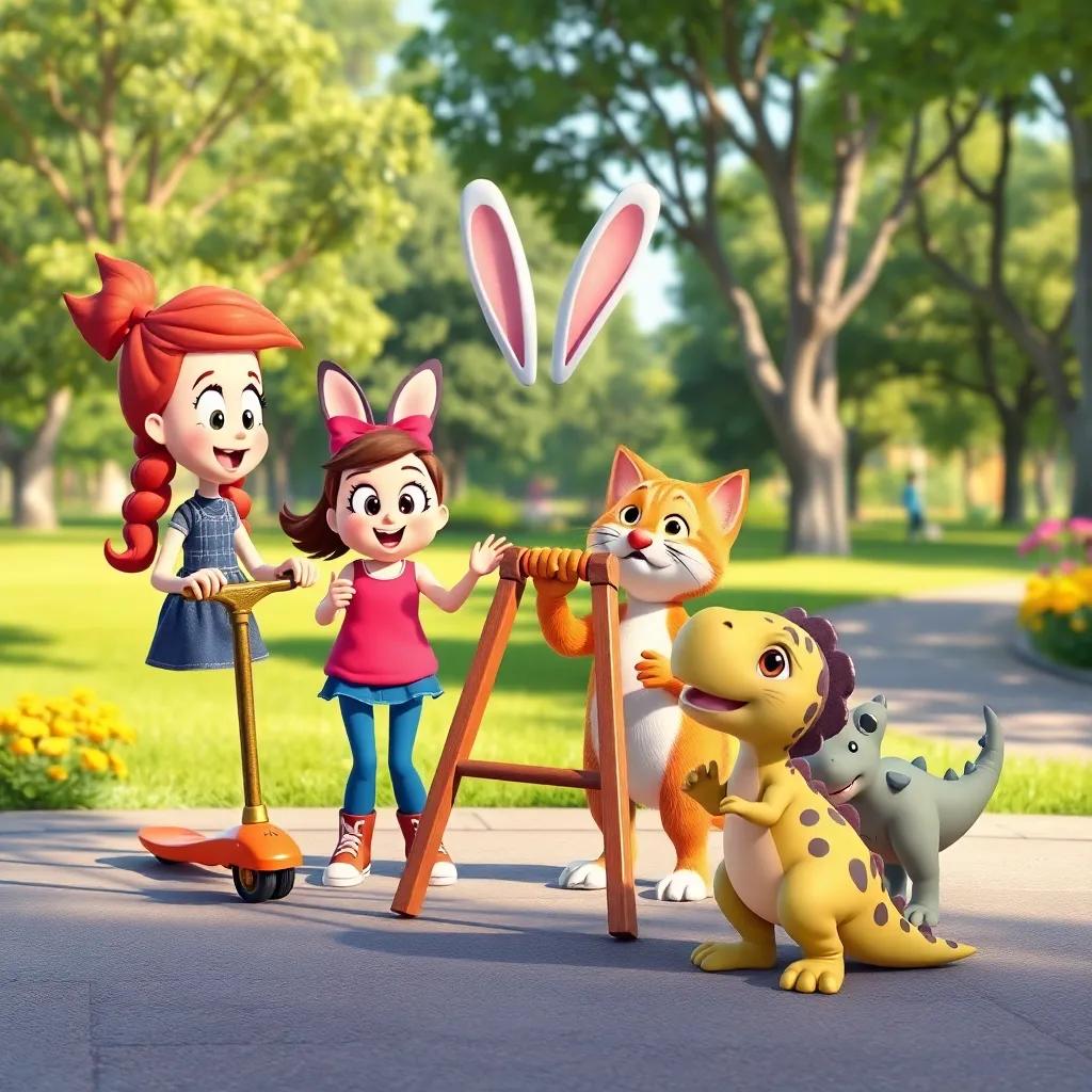 Penny the pogo stick, Bella the bunny, Charlie the cat, and Dino the little dinosaur excitedly discussing a giant slingshot, bright park background, cartoon style, colorful, lively scene, high quality