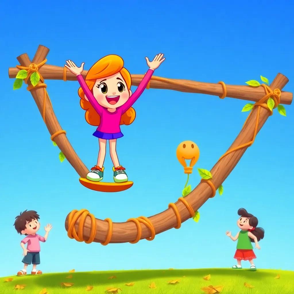 Penny the pogo stick on the giant slingshot made of rubber bands, sticks, and leaves, ready to jump, cheerful friends watching, blue sky, illustration, fun, colorful, high quality
