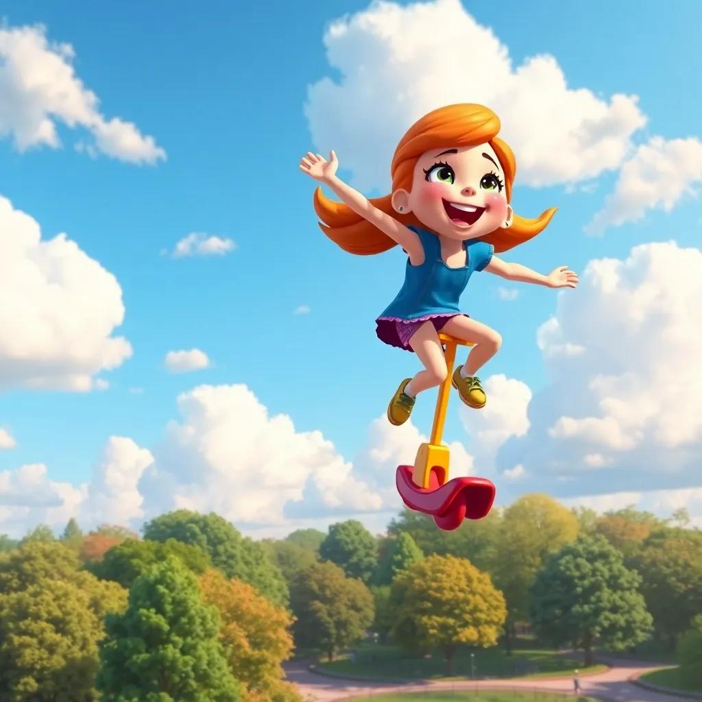 Penny the pogo stick soaring high in the sky, with clouds around her, joyful expression, park getting smaller below, vivid colors, digital painting, joyful atmosphere, high quality
