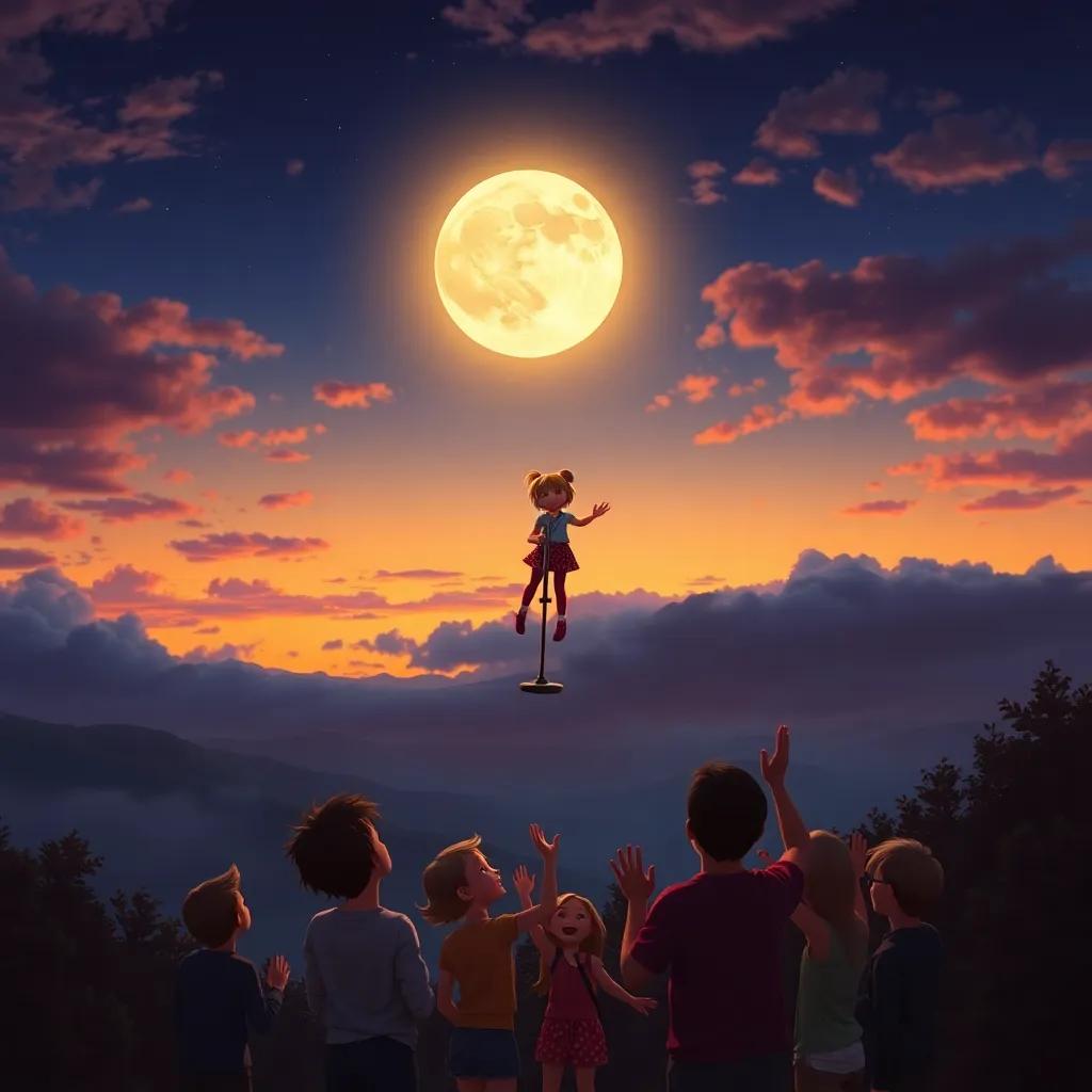 Penny the pogo stick bouncing back down from the moon to her friends below, who are cheering and excited, beautiful sunset, heartwarming scene, digital art, rich colors, uplifting imagery