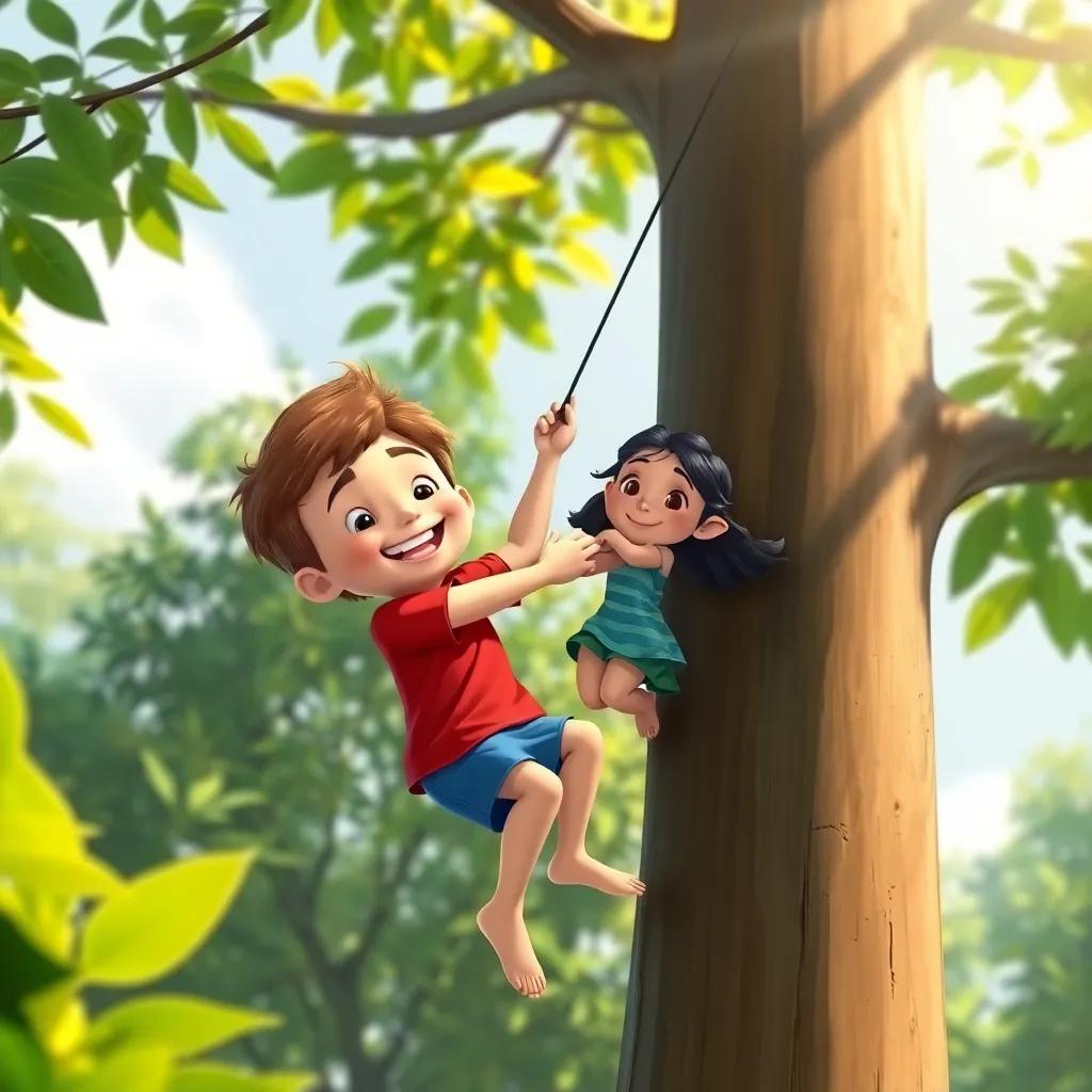 A young boy, Sam, with short brown hair, in a red t-shirt and blue shorts, rescuing a girl, Mia, from a tall tree, both smiling brightly, surrounded by green leaves and sunlight, illustration, lively, adventure-themed, child-friendly