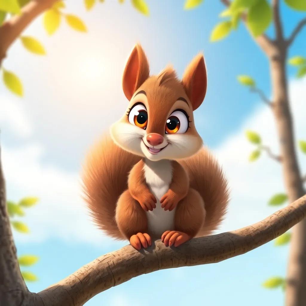 A small, fluffy squirrel named Sammy with big, bright eyes and a long bushy tail, sitting on a tree branch with a sunny sky in the background, digital art, cheerful colors, vibrant atmosphere, high quality