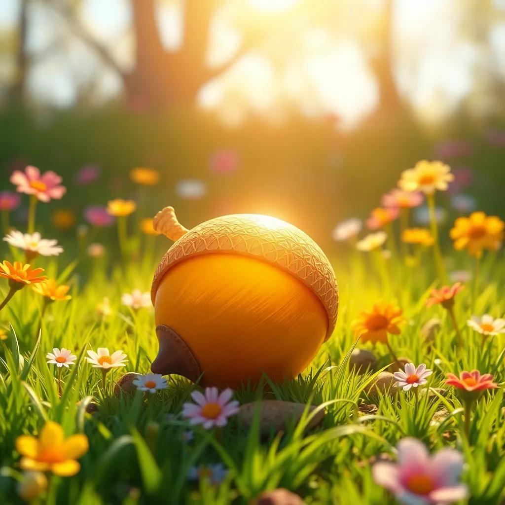 A shining golden acorn on the ground, surrounded by grass and colorful flowers, under the warm sunlight, illustration, bright colors, enchanting mood, high quality