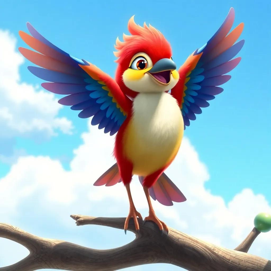 A colorful bird named Bella flapping her wings on a branch, with a bright blue sky and fluffy clouds behind her, digital art, playful colors, lively feel, high quality