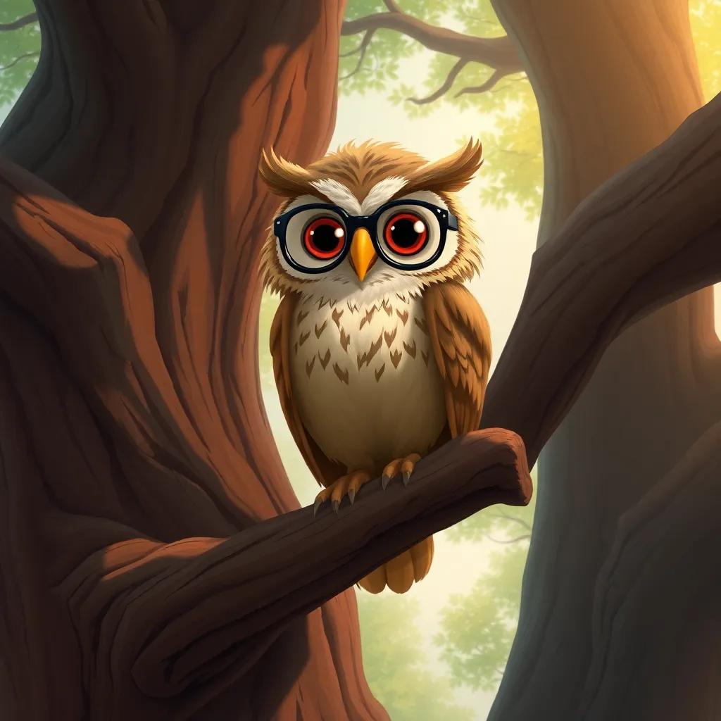 Wise Old Owl perched on a thick branch high in the Great Oak Tree, looking wise and friendly with big glasses, digital painting, warm colors, wise and serene atmosphere, high quality