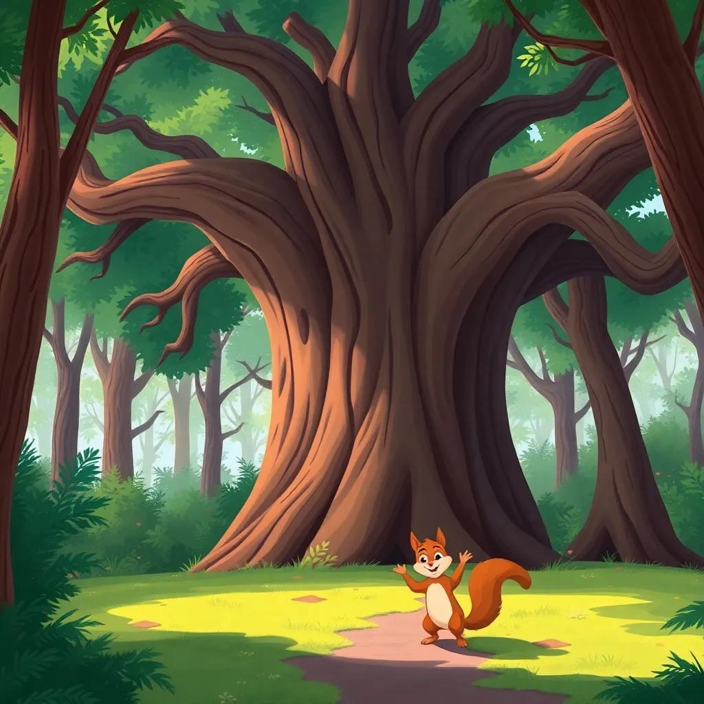 The Great Oak Tree with a thick trunk and wide branches, standing proudly in the middle of the forest, with Sammy the Squirrel dancing joyfully at its base, illustration, vibrant colors, magical feel, high quality