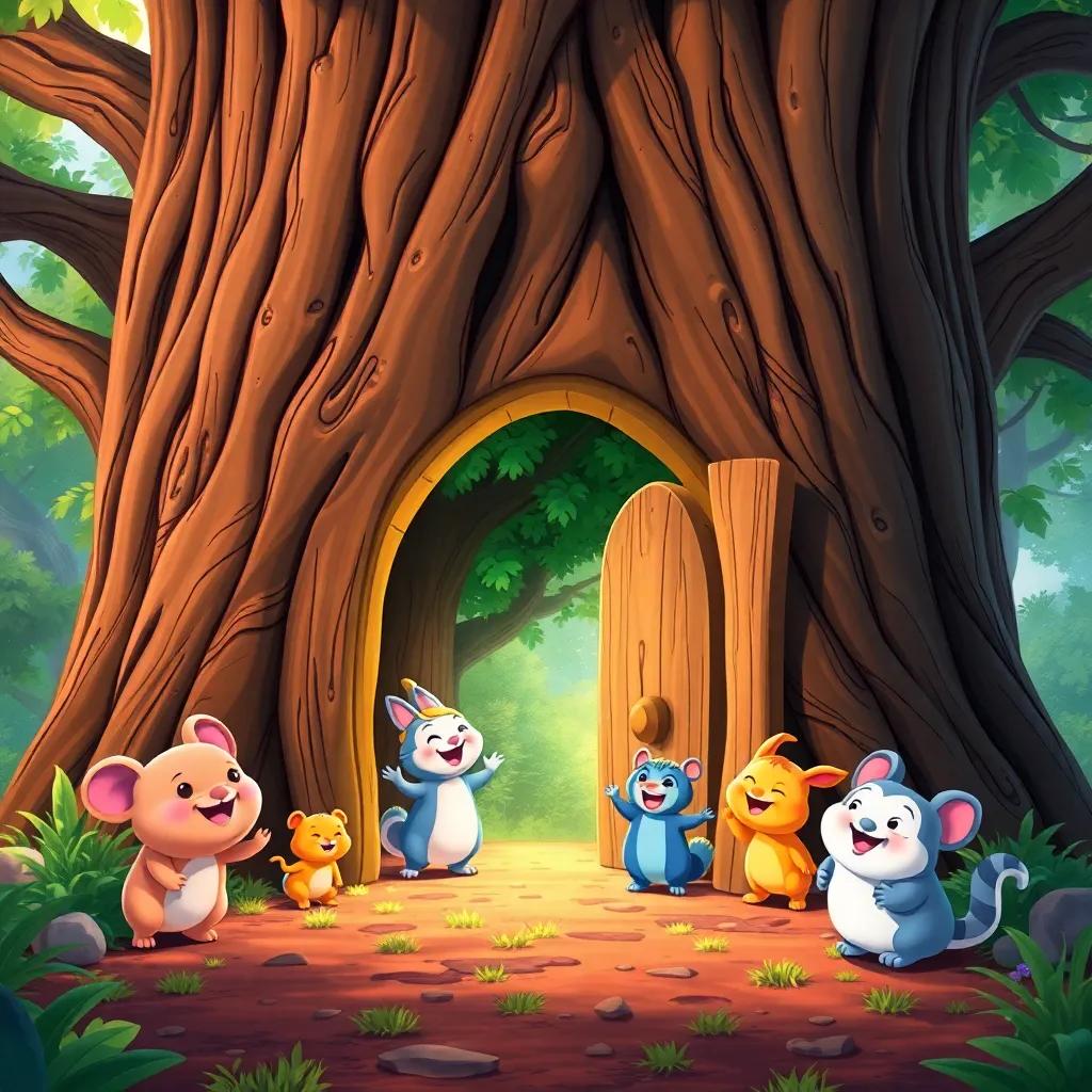A magical door at the base of the Great Oak Tree opening up, with little forest critters laughing and smiling as they come out, colorful and cheerful scene, bright colors, playful atmosphere, high quality