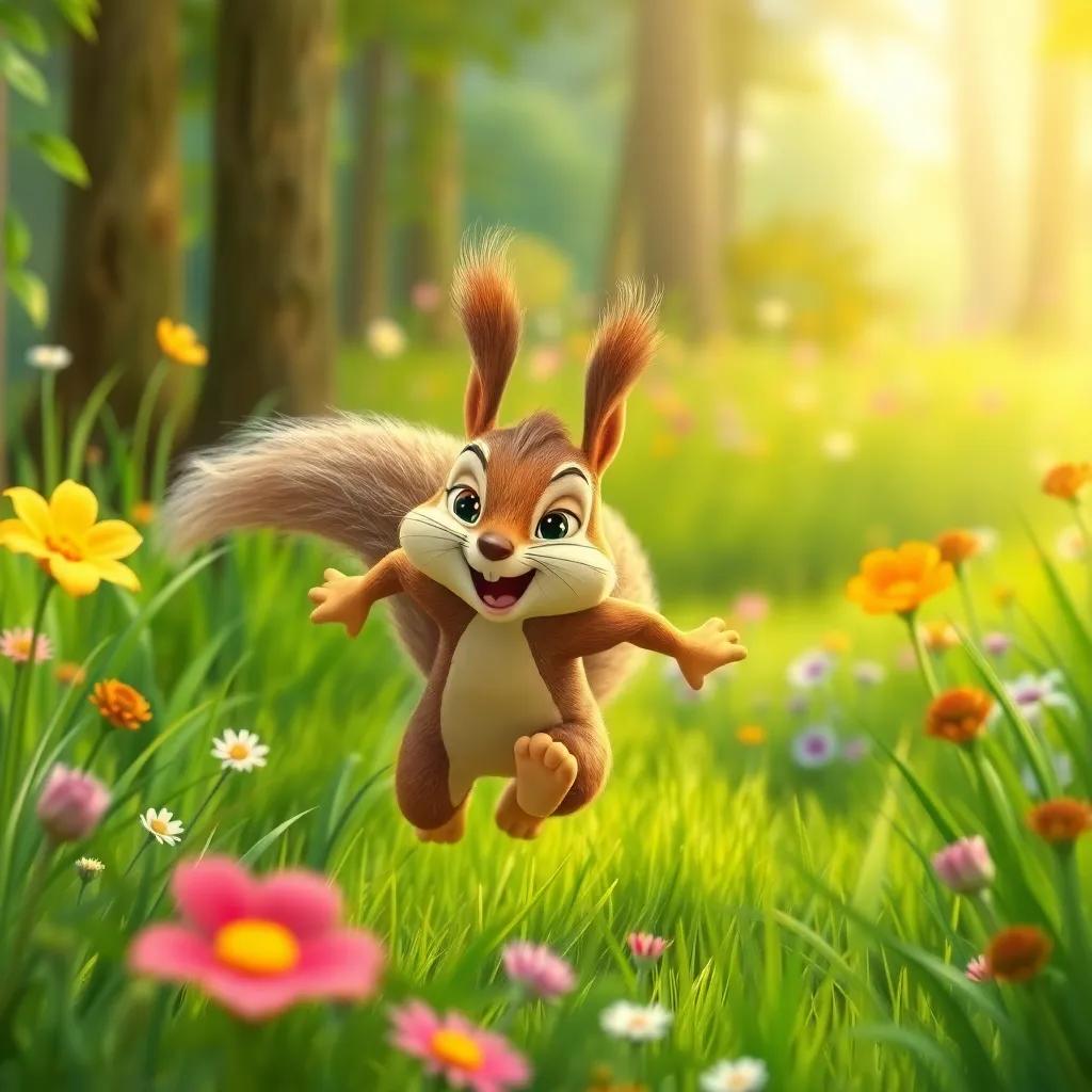 Sammy the Squirrel racing through a colorful forest filled with tall grass and flowers, with shades of green and bright hues, joyful expressions, lively scene, high quality