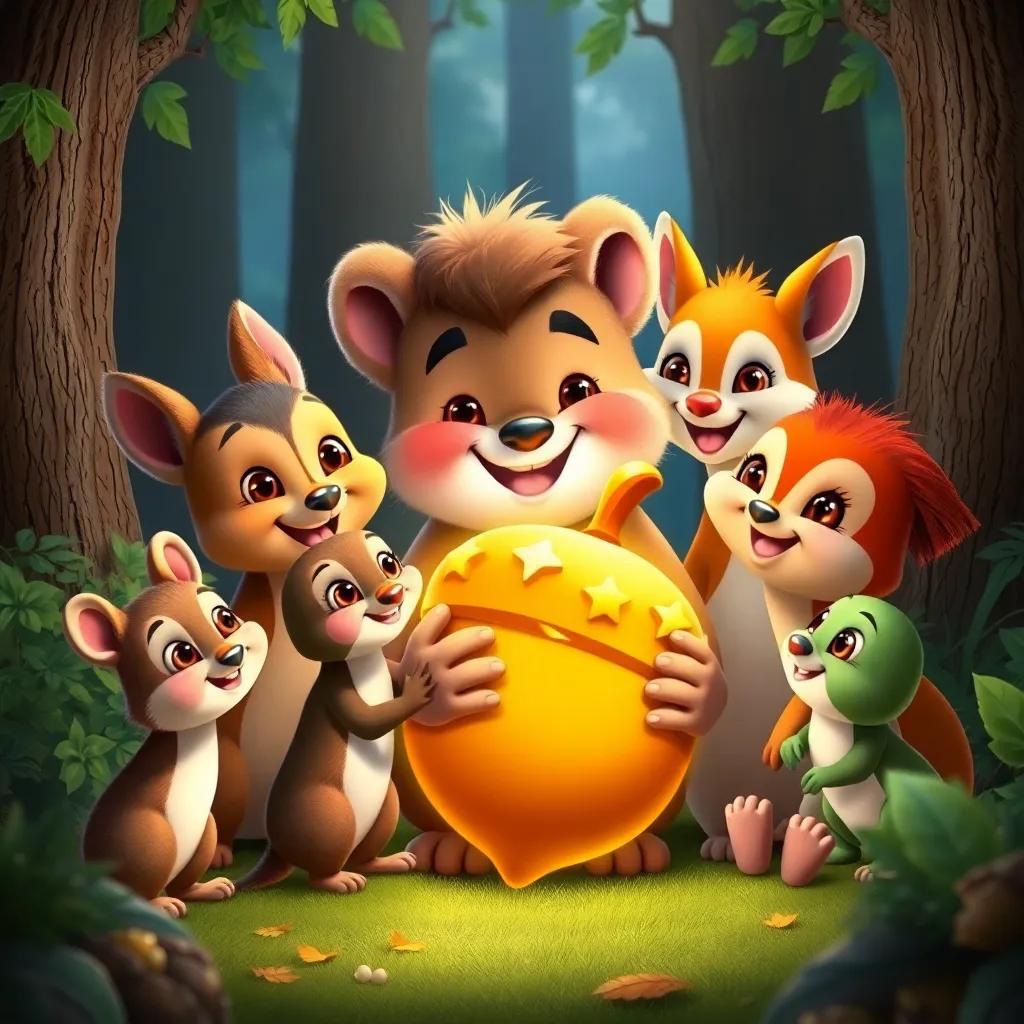 A group of happy forest critters gathering around Sammy, celebrating friendship with the golden acorn displayed, colorful and cheerful, heartwarming atmosphere, high quality