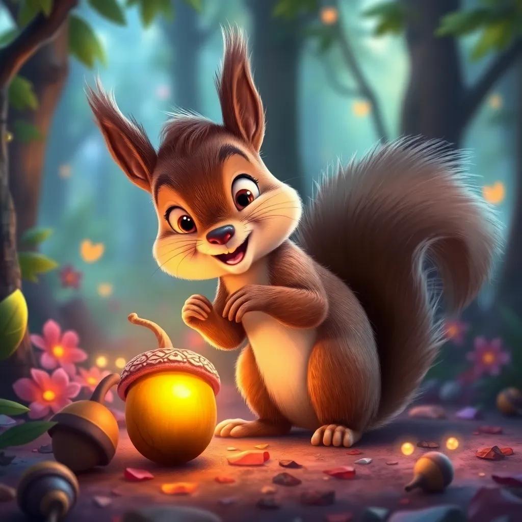 Sammy the Squirrel looking with delight at the golden acorn glowing, with a magical forest backdrop full of life and color, digital painting, bright colors, enchanting, high quality
