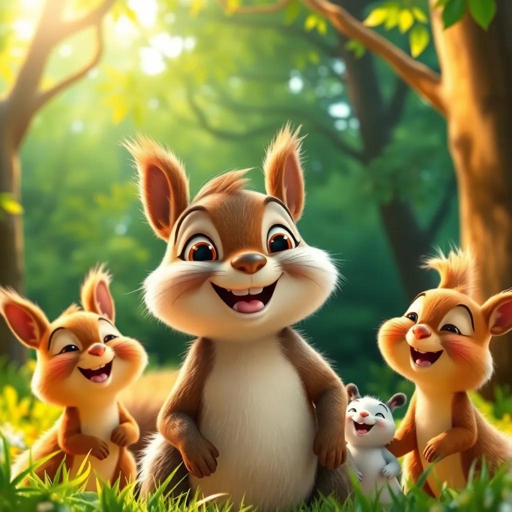 Sammy the Squirrel smiling happily with friends around him, all enjoying the sunshine in a lush green forest, a feeling of joy and togetherness, vibrant colors, delightful atmosphere, high quality