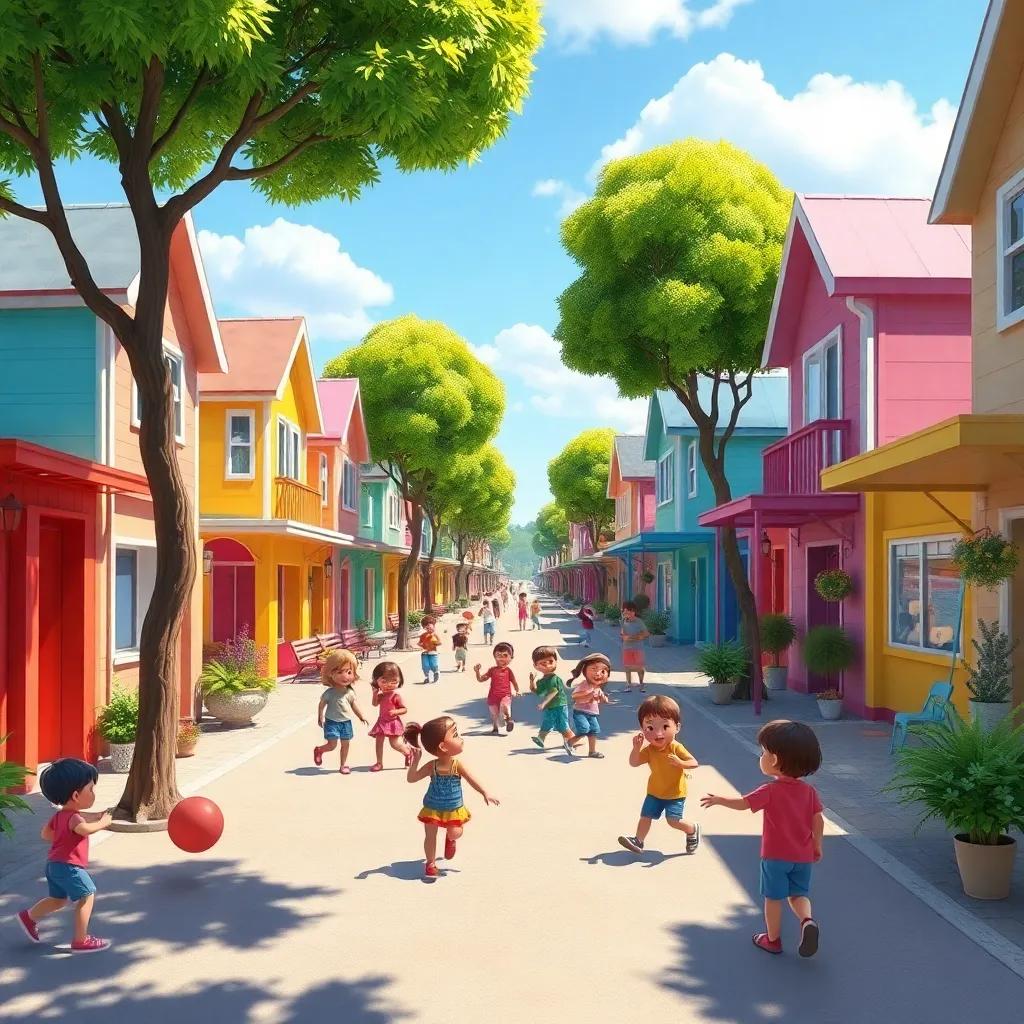 A lively street full of children playing, with colorful houses and trees lining the sides, a sunny day setting, bright and cheerful atmosphere, digital art, vibrant colors, playful scene, high quality