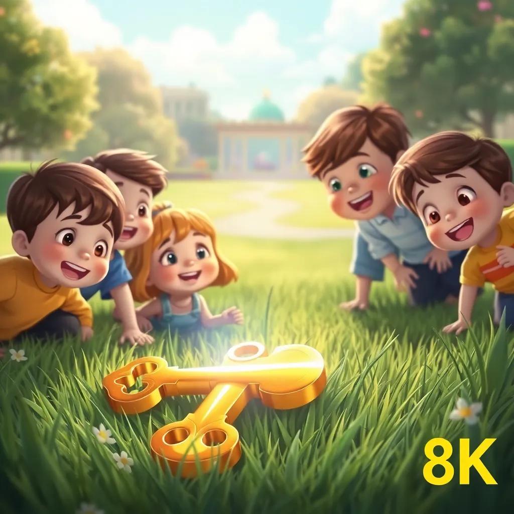 A shiny golden key lying in the grass, surrounded by curious children, their faces filled with excitement and wonder, a beautiful park in the background, illustration, whimsical, enchanting light, fantasy-themed, cheerful vibes