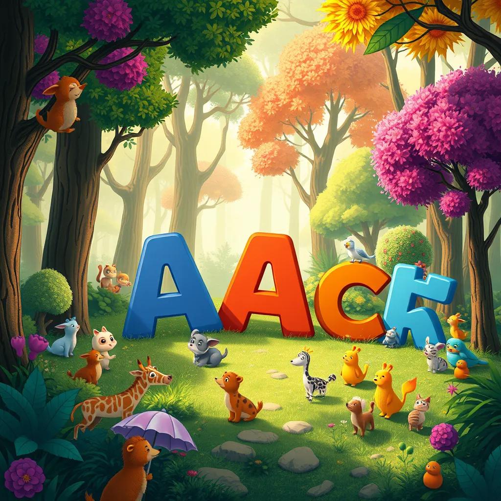 A group of letters gathered in the lush Alphabet Forest, led by Aa, with colorful trees and playful animals around, illustration, cheerful and adventurous, warm light