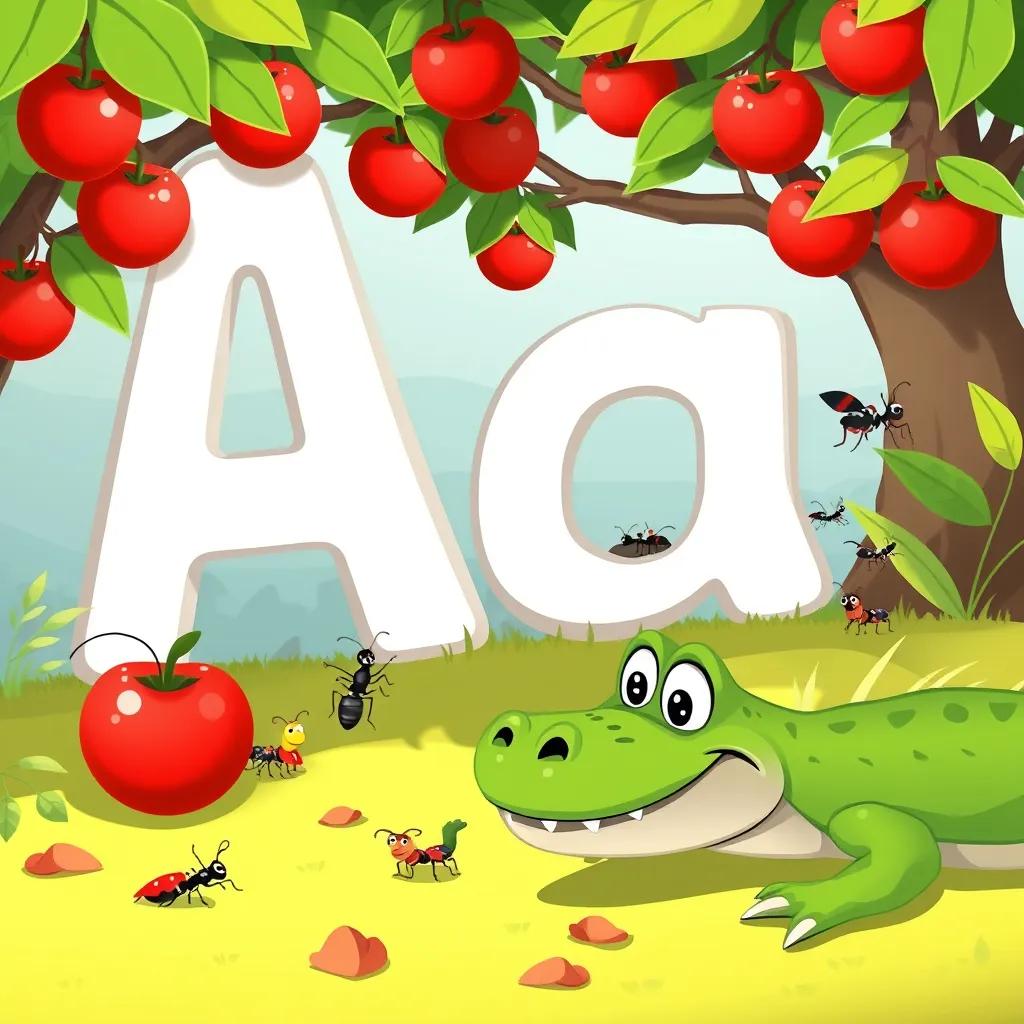 Aa and the letters finding apples, ants, and an alligator, lively scene, exploring nature, bright colors, fun and discovery, child-friendly illustration
