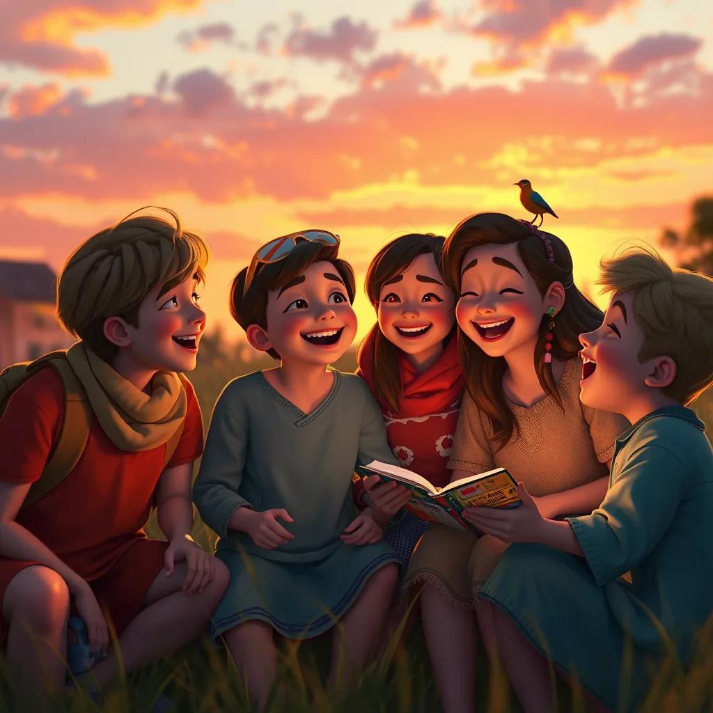 Aa and the letters returning home at sunset, laughing and sharing stories, warm golden light, creating an atmosphere of friendship and joy, high quality, heartwarming