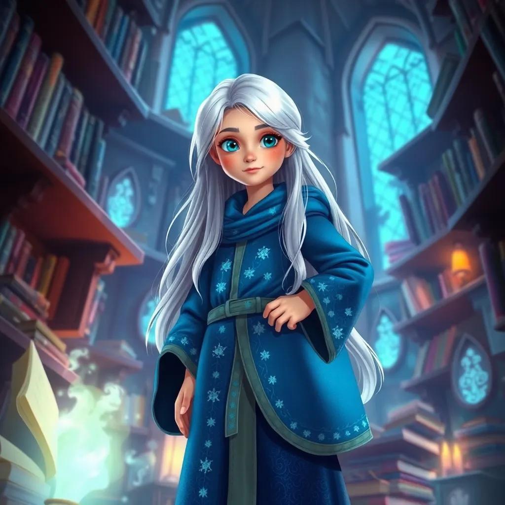 A wise young wizard, Willa, with long silver hair wearing a sparkling blue robe, standing in a tall enchanted tower surrounded by magical books, digital art, detailed, vibrant colors, inviting atmosphere, high quality