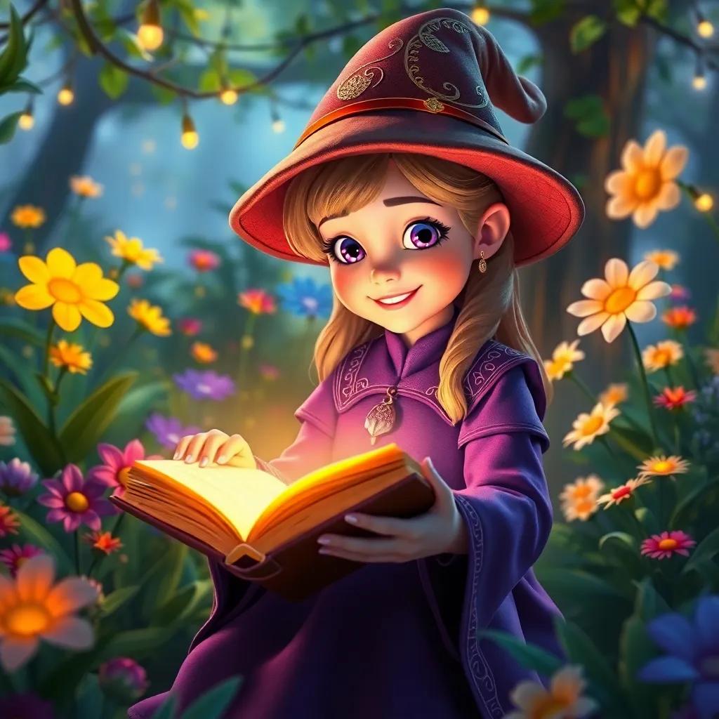 Willa the wise young wizard, opening a glowing book in her magical garden with colorful singing flowers, enchanting magical light, cheerful ambiance, high quality