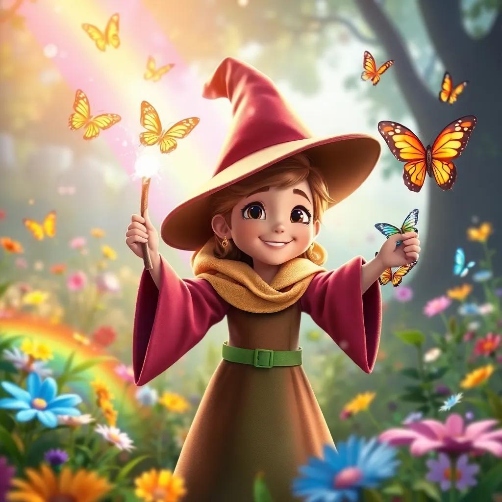 Willa the wise young wizard, waving her wand as butterflies twirl around her, surrounded by a rainbow of colors in the magical garden, joyful atmosphere, high quality