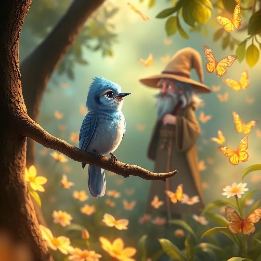 A little bluebird watching Willa the wise young wizard from a branch, looking sad while surrounded by dancing butterflies in the magical garden, heartfelt scene, warm light, high quality