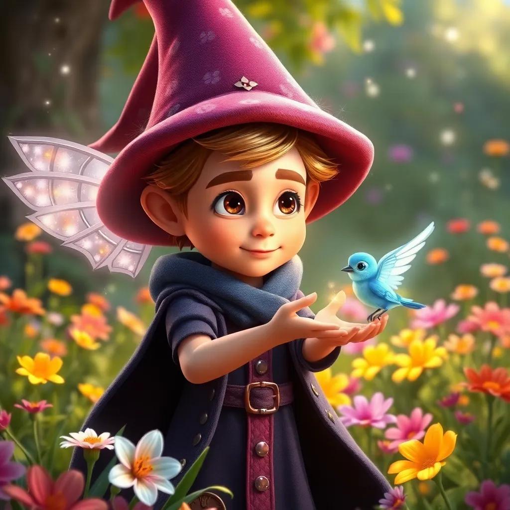Willa the wise young wizard with a determined expression, creating shimmering wings for a little bluebird, in a vibrant magical garden with colorful flowers, heartfelt scene, warm colors, high quality