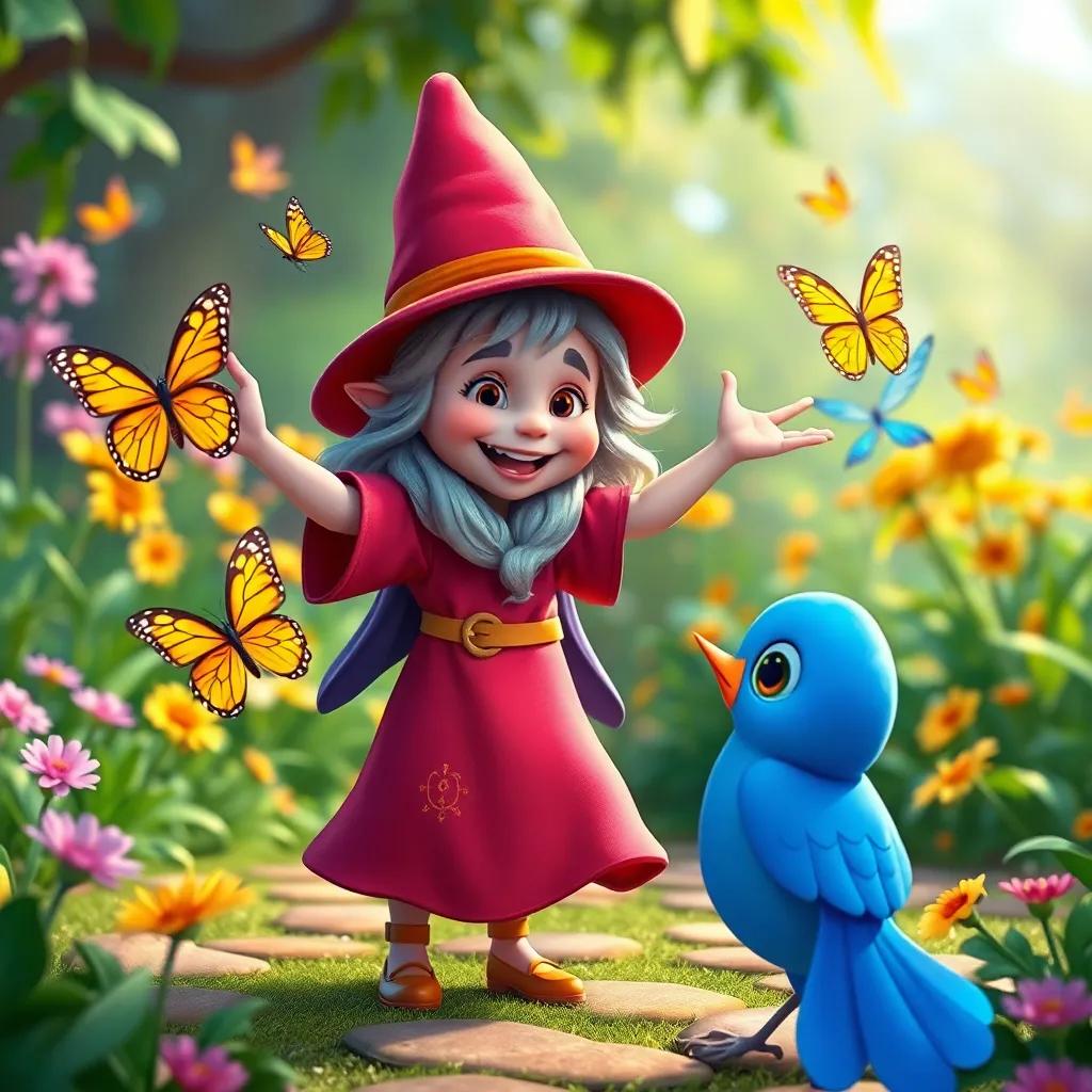 Willa the wise young wizard dancing happily with butterflies and the bluebird, in a joyful celebration in the magical garden, vibrant atmosphere, cheerful colors, high quality