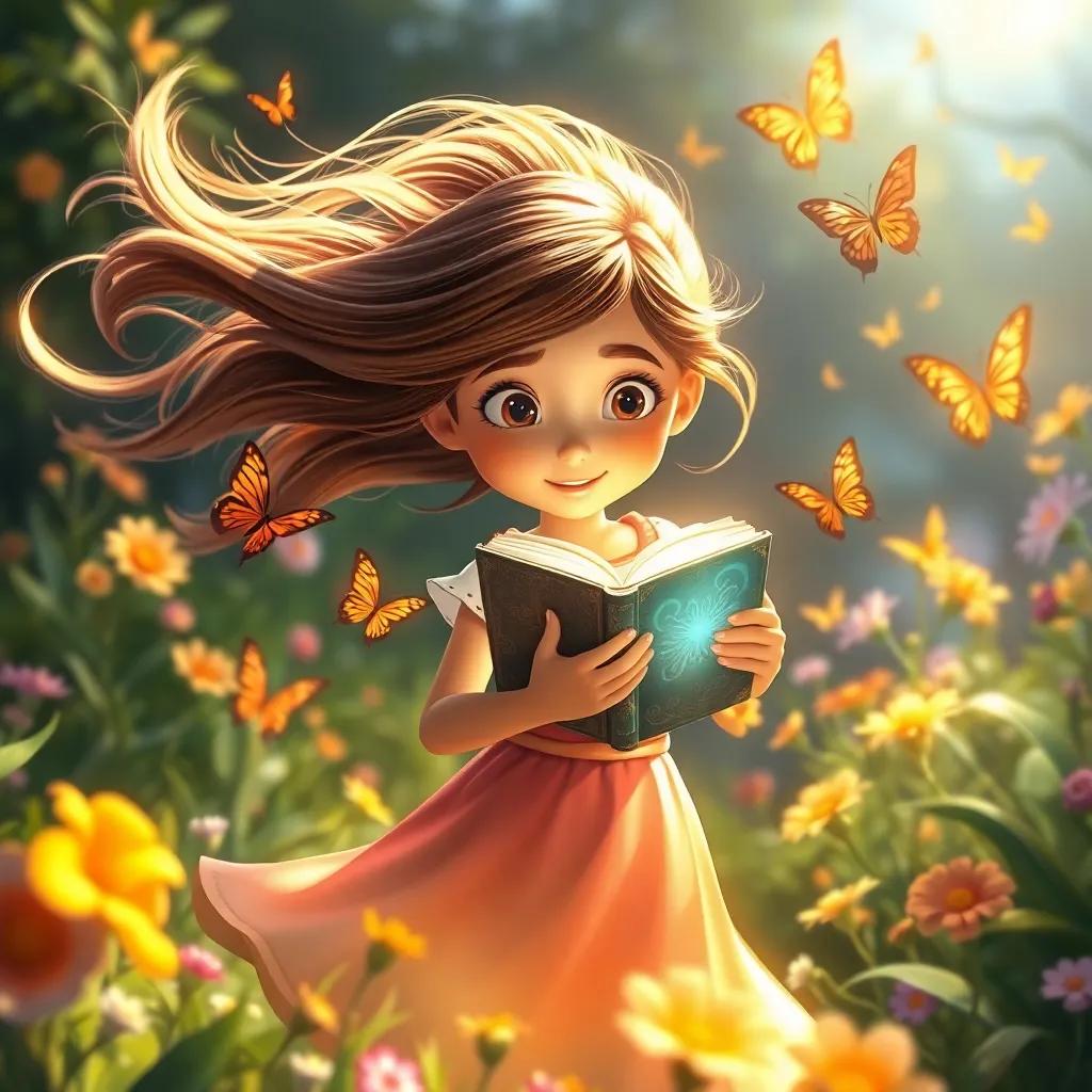 A gust of wind sweeping through the garden as Willa holds onto her glowing book tightly, surrounded by butterflies and flowers, dynamic scene, colorful light, high quality