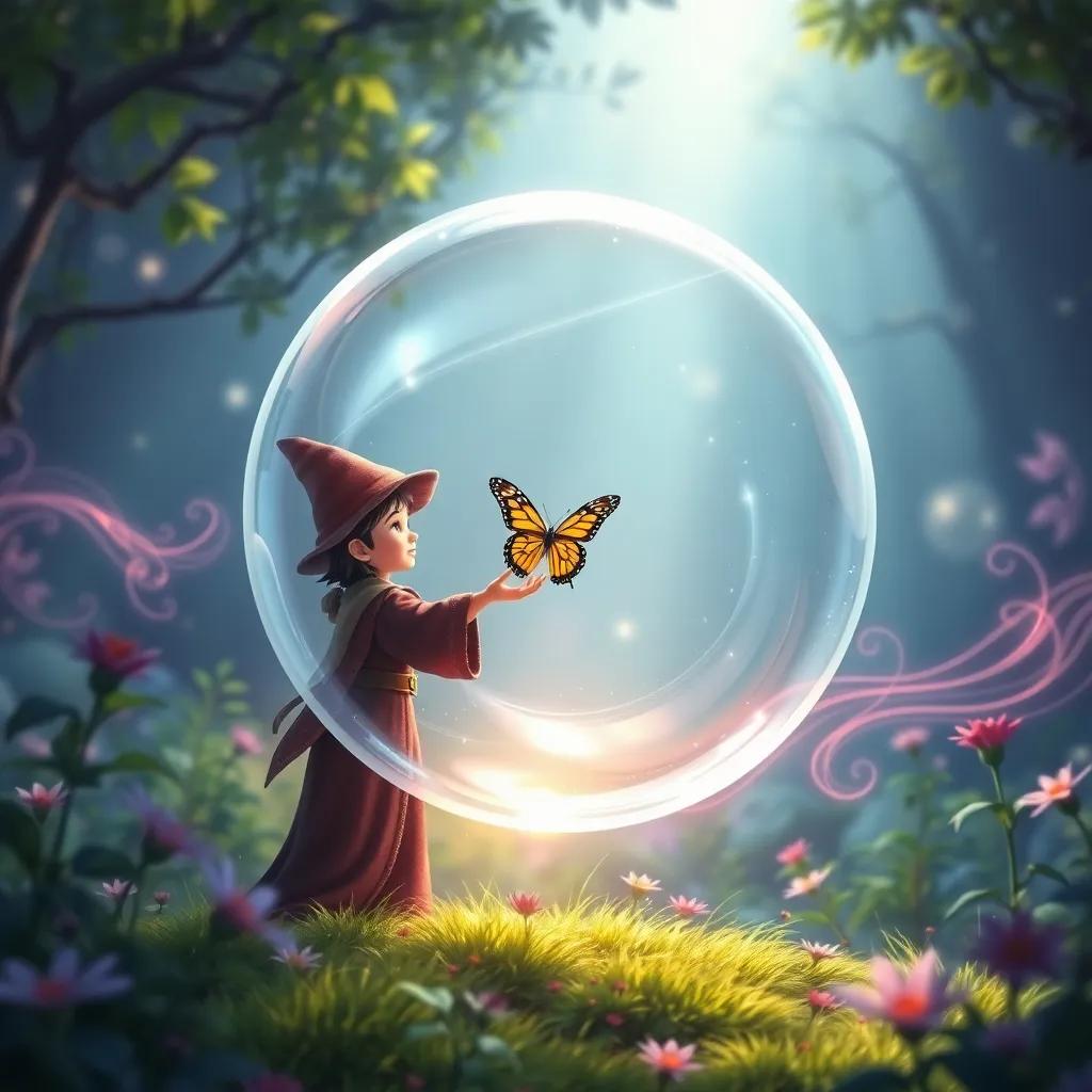 Willa the wise young wizard creating a protective bubble around a butterfly caught in the breeze, in an enchanted garden with swirling colors and magical light, inspiring scene, high quality
