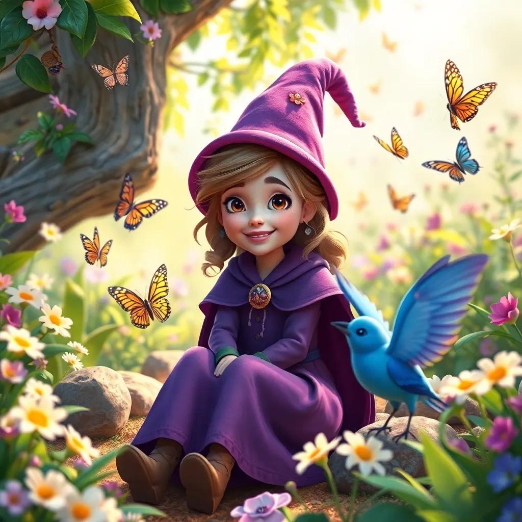 Willa the wise young wizard playing in the enchanted garden with her friends, butterflies, and the bluebird, surrounded by laughter and joy, heartwarming atmosphere, vibrant colors, high quality