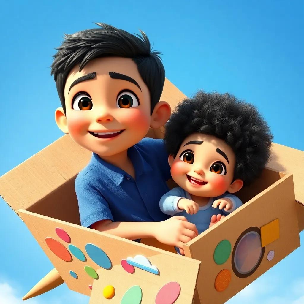 An older boy, Wissam, with short black hair wearing a blue shirt, and a baby, Kenan, with fluffy black hair, sitting in a cardboard spaceship adorned with colorful stickers, soaring through a bright blue sky, imaginative scene, joyful, digital art, high quality