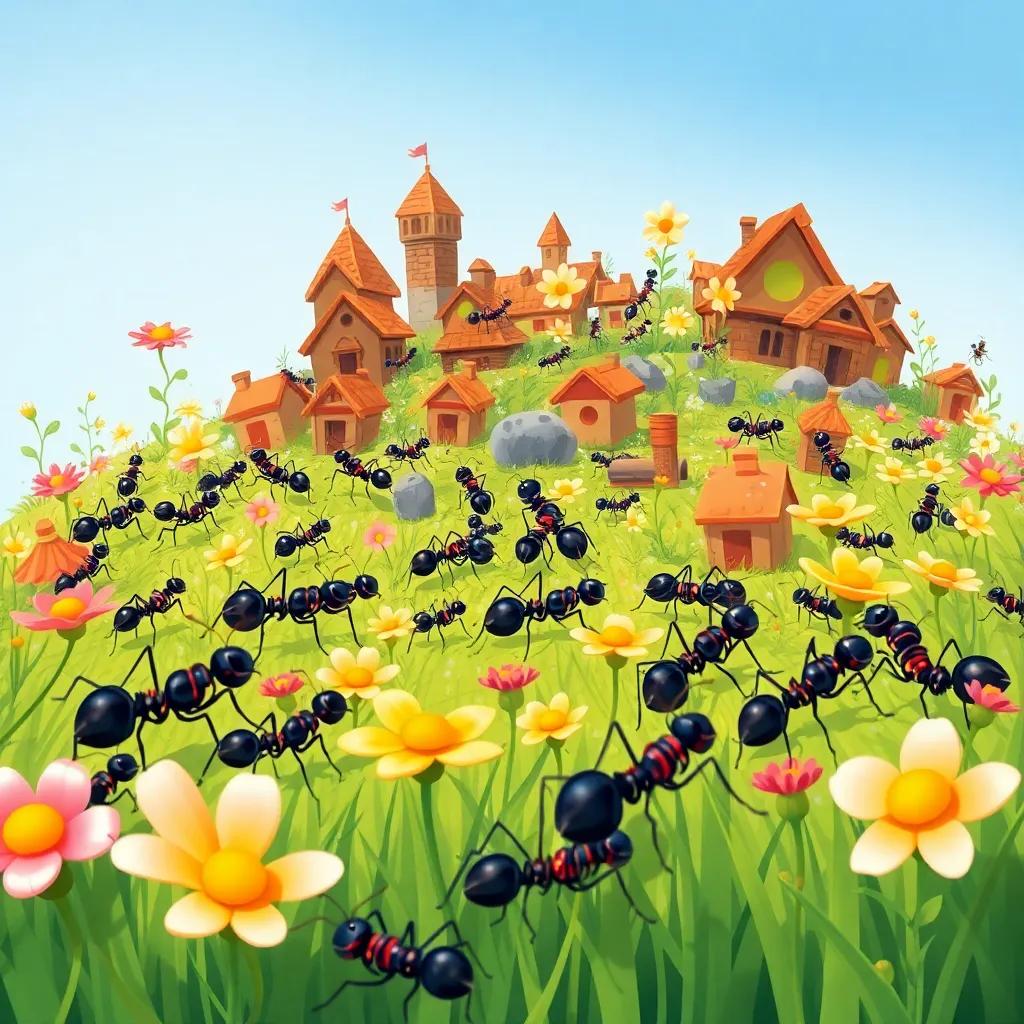 A bustling ant city with tiny black and red ants, bright flowers and green grass, under a clear blue sky, joyful atmosphere, digital art, colorful, vibrant, high quality