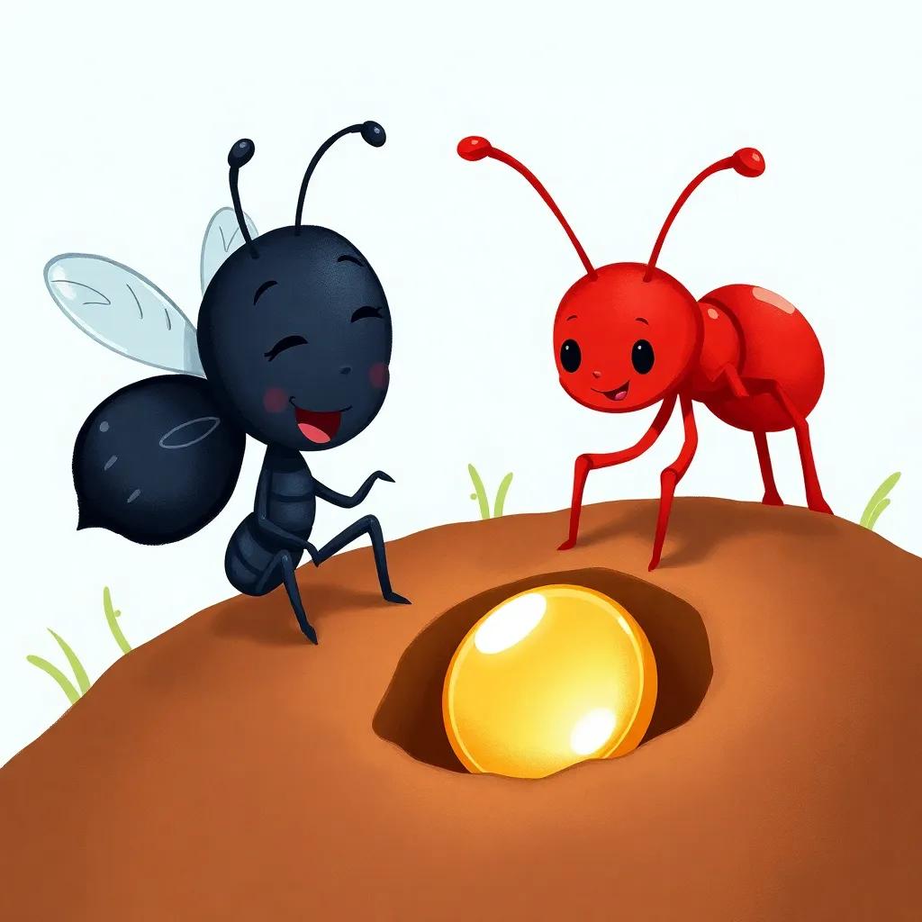 Mia, a tiny black ant with shiny wings, and Leo, a bright red ant, joyfully uncovering a shiny button in the dirt, excitement on their faces, cheerful ambiance, cute illustration, engaging and friendly