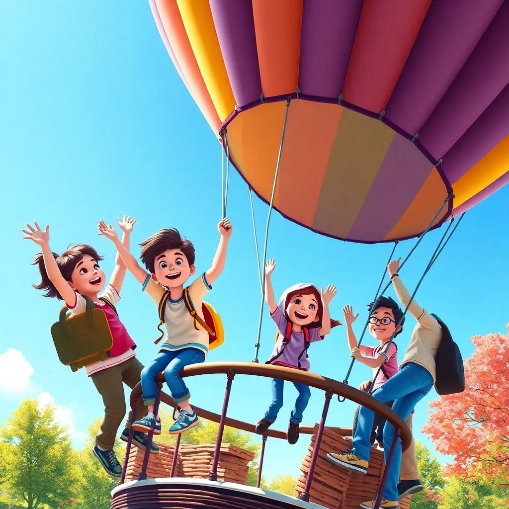 A group of friends excitedly climbing into a colorful hot air balloon in a sunny park, bright blue sky, cheerful atmosphere, vibrant colors, digital art, playful
