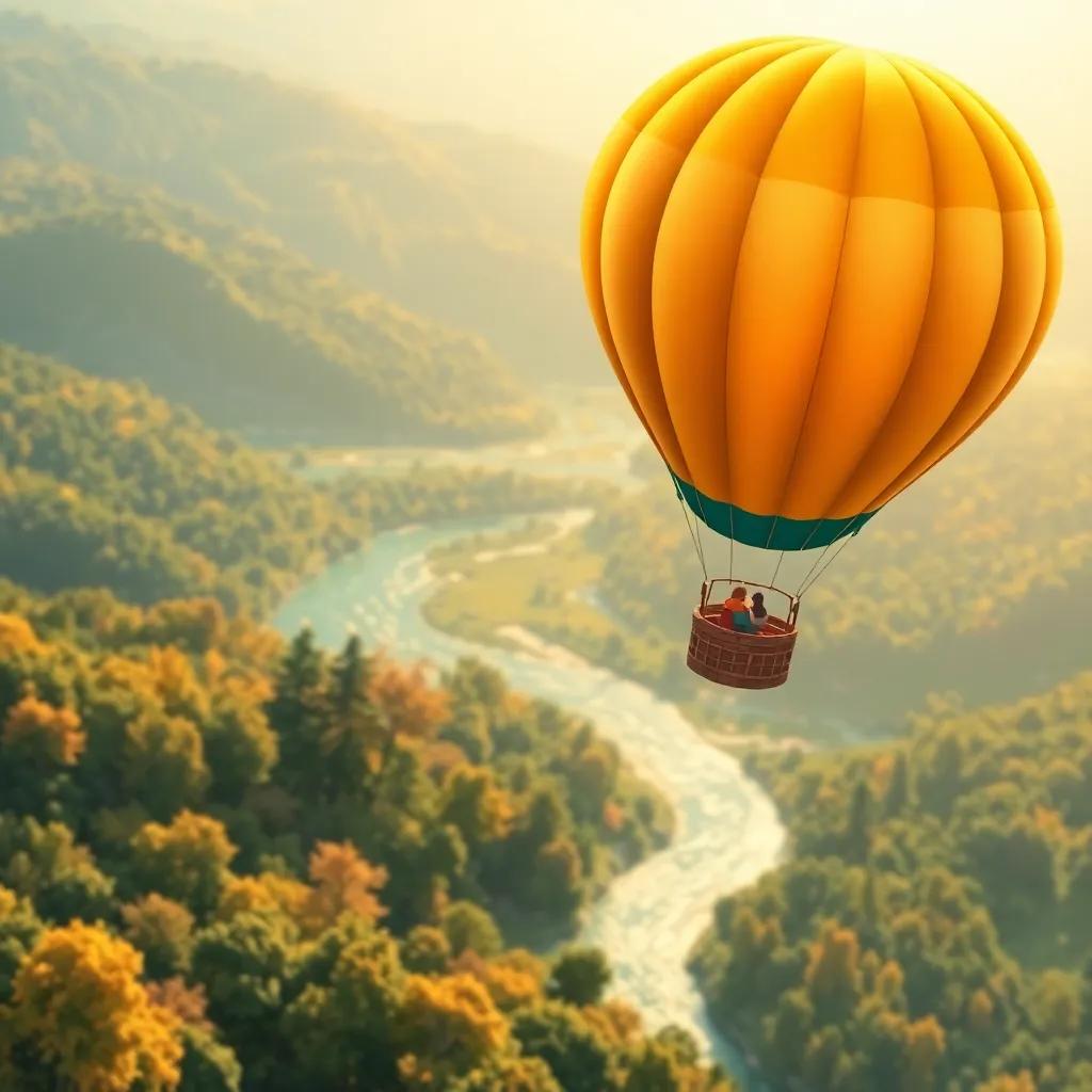 A hot air balloon soaring high above a beautiful landscape with trees and sparkling rivers below, warm sunlight, picturesque scenery, child-friendly illustration, bright colors