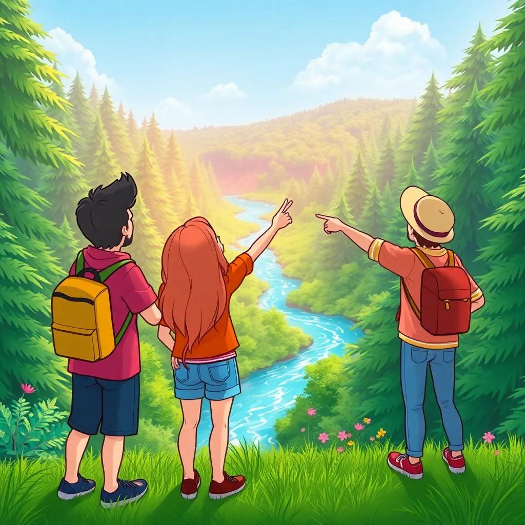 Friends spotting a shimmering diamond-like river winding through a lush green forest, pointing with excitement, colorful cartoon style, uplifting