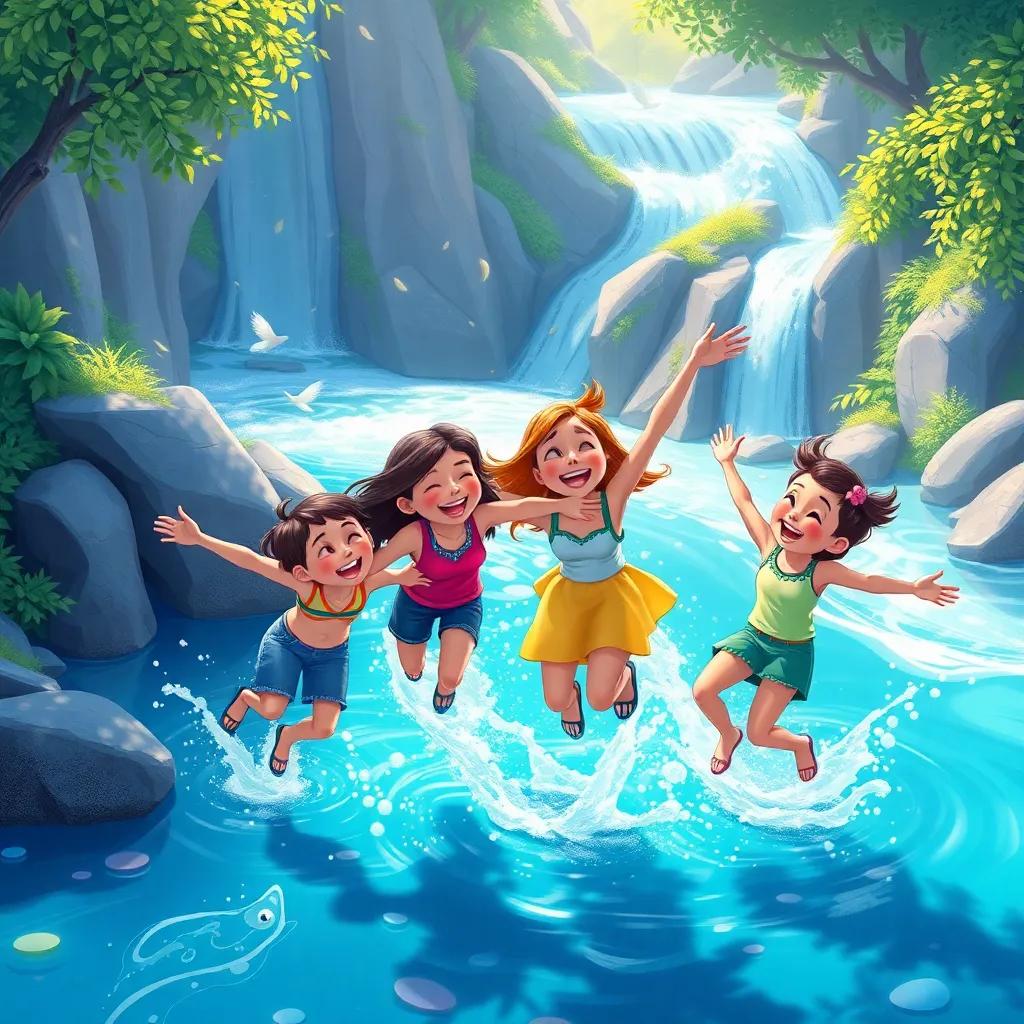 Friends landing near a magical river, playing and splashing in the water, surrounded by laughter and happiness, vibrant and fun, illustration style