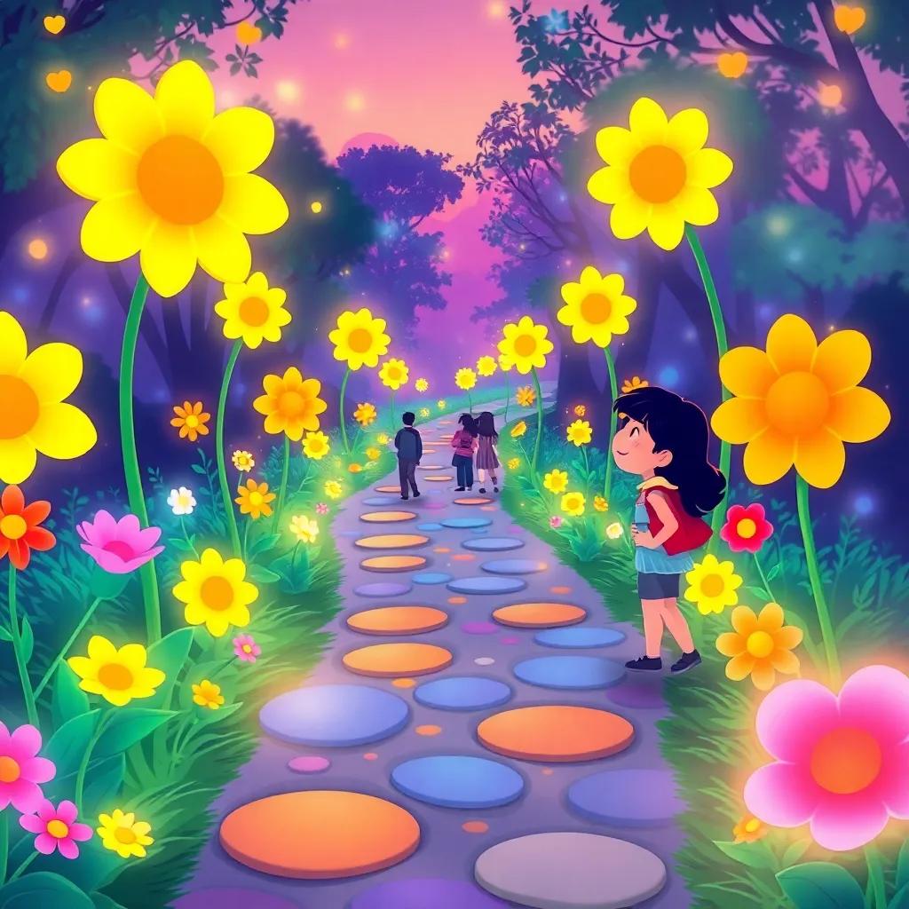 A path lined with glowing flowers singing cheerful tunes, friends happily exploring, colorful fantasy scene, bright and inviting illustration