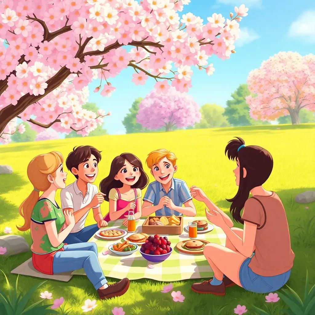 A picnic scene under blooming trees with friends sharing snacks, laughter, and stories, a feeling of warmth and joy, colorful and bright art style